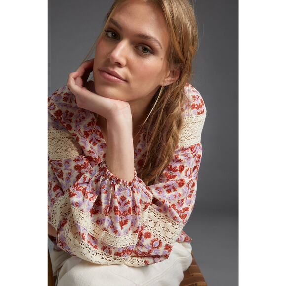 New Anthropologie Eze Sur Mer Yvonne Lace Boho Chic Blouse $98 SMALL Floral Geo - Picture 4 of 5